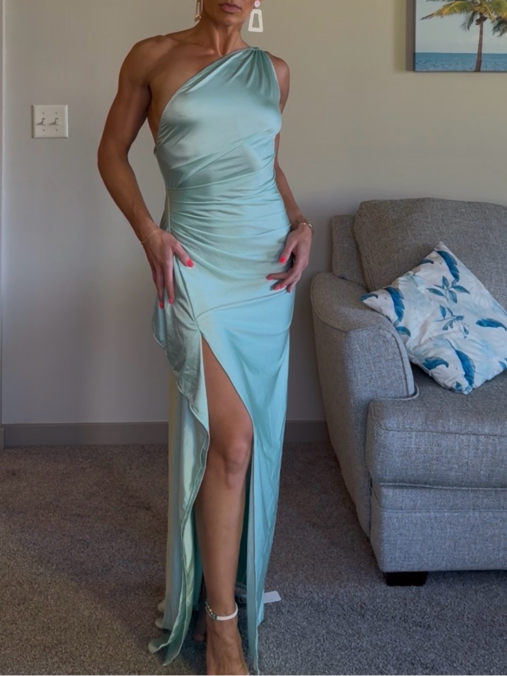 NWT One-Shoulder Light Seafoam Green Evening Gown